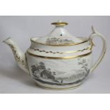 Late 18th/early 19th century Spode bat printed oval teapot, pattern no. 557, decorated with