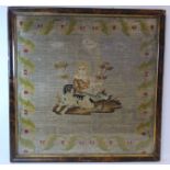 Victorian tapestry panel depicting a small boy with a spaniel surrounded by stylised foliate border,