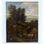 MANNER OF NICOLAES BERCHEM.Pastoral scene with shepherd, sheep and cattle.Oil on canvas - re-