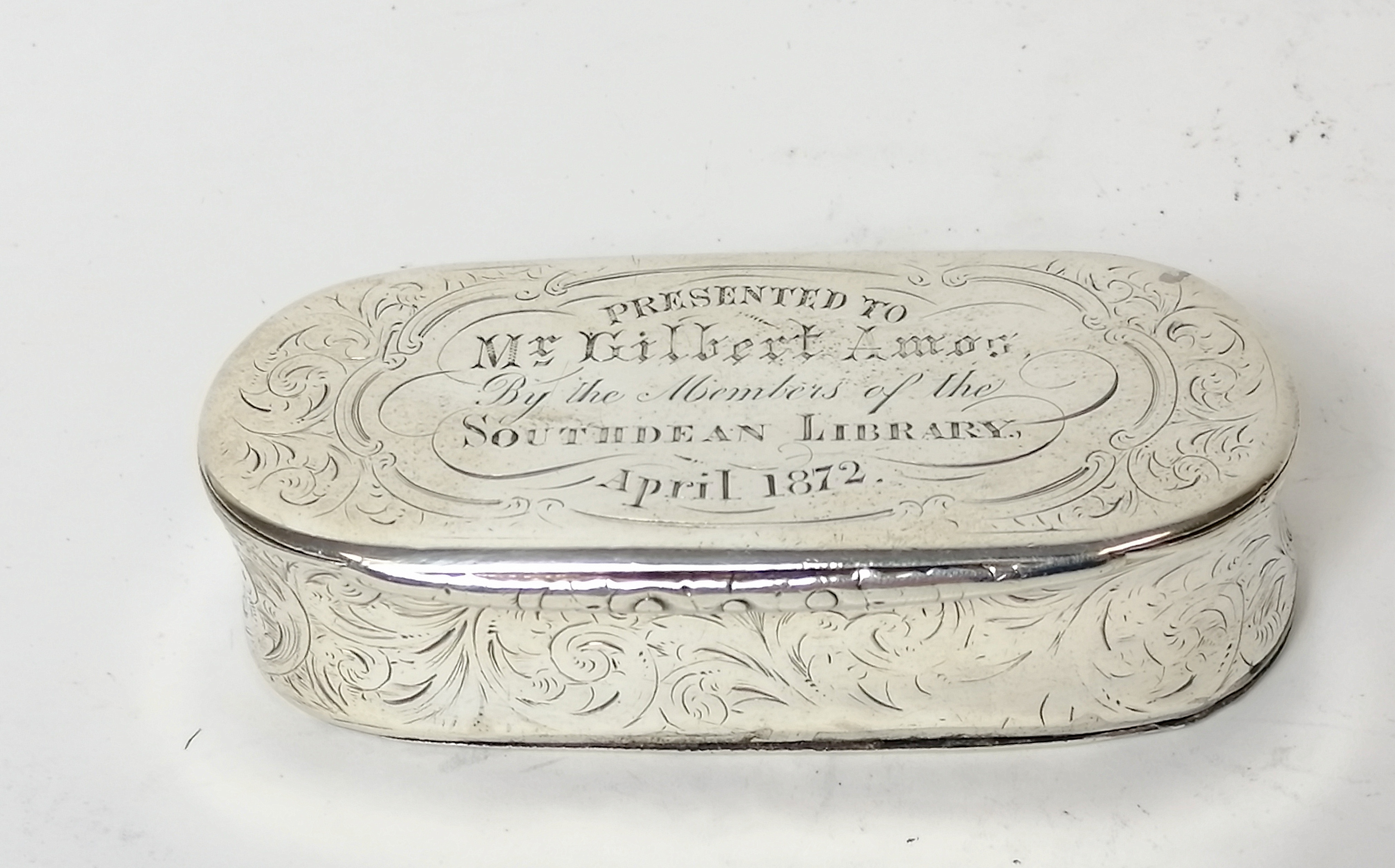 Silver snuff box, rectangular with rounded ends inscribed ---'Southdean Library --- 1872' by