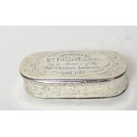 Silver snuff box, rectangular with rounded ends inscribed ---'Southdean Library --- 1872' by