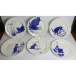 Six National Trust Poole Pottery blue and white plates, replicas of the Cat Plates in the servants