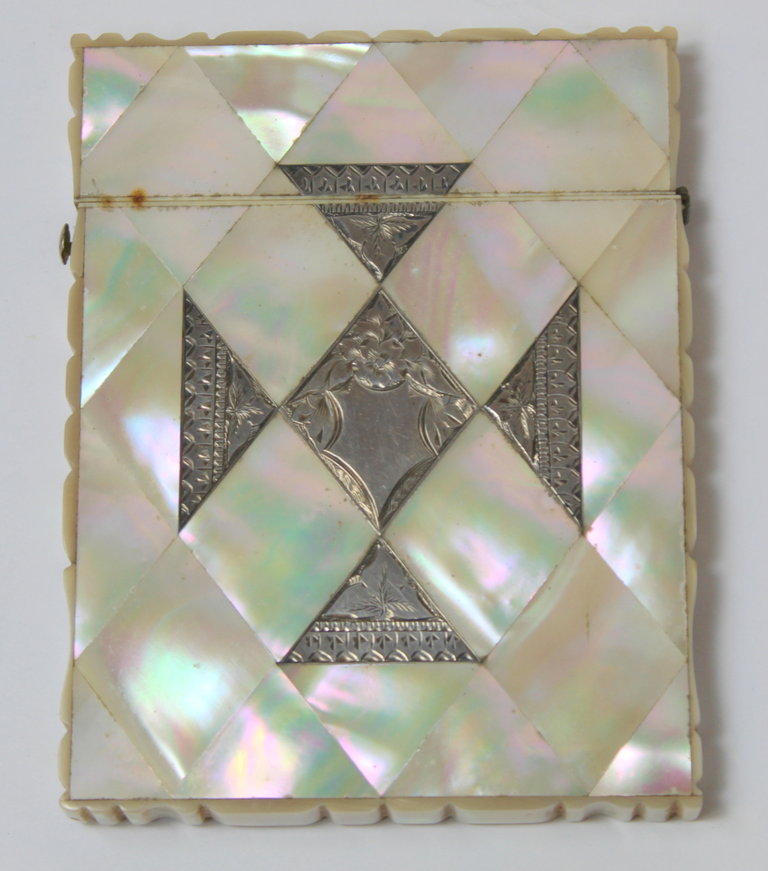 Victorian mother of pearl card case with engraved silver lozenge and triangles, c.1870. - Image 2 of 4