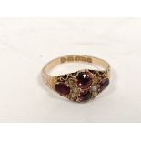 Victorian 15ct gold ring with garnets and pearls, Chester, 1880. Size 'N'.