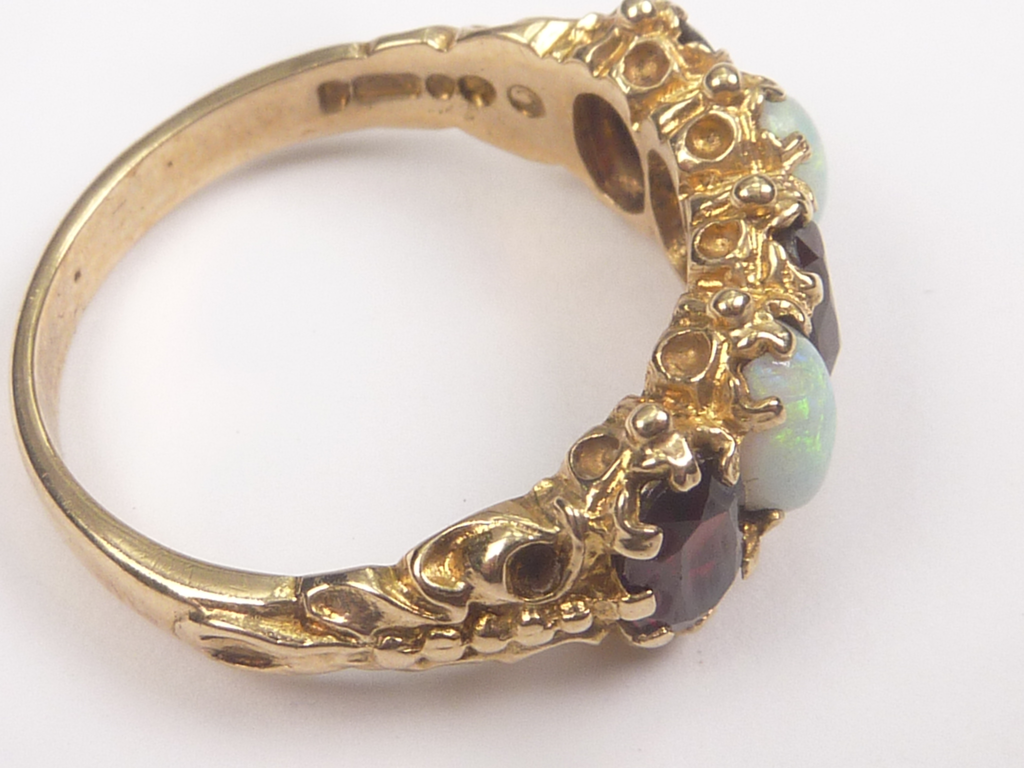 Garnet and opal five stone ring in 9ct gold, 1973. Size 'O½'. - Image 4 of 4