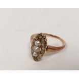 Marquise finger ring with three pearls and rose diamonds, probably 18ct gold. Size 'O'.