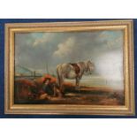 VICTORIAN SCHOOLBeach scene with figure, horse and dog.Oil on canvas - re-lined.36cm x 54cm.