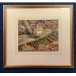 NEIL COX (b. 1955 BRITISH)Robin on a broom.Watercolour.17.5cm x 22.5cm.Signed.Penn Barn Gallery