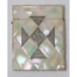 Victorian mother of pearl card case with engraved silver lozenge and triangles, c.1870.