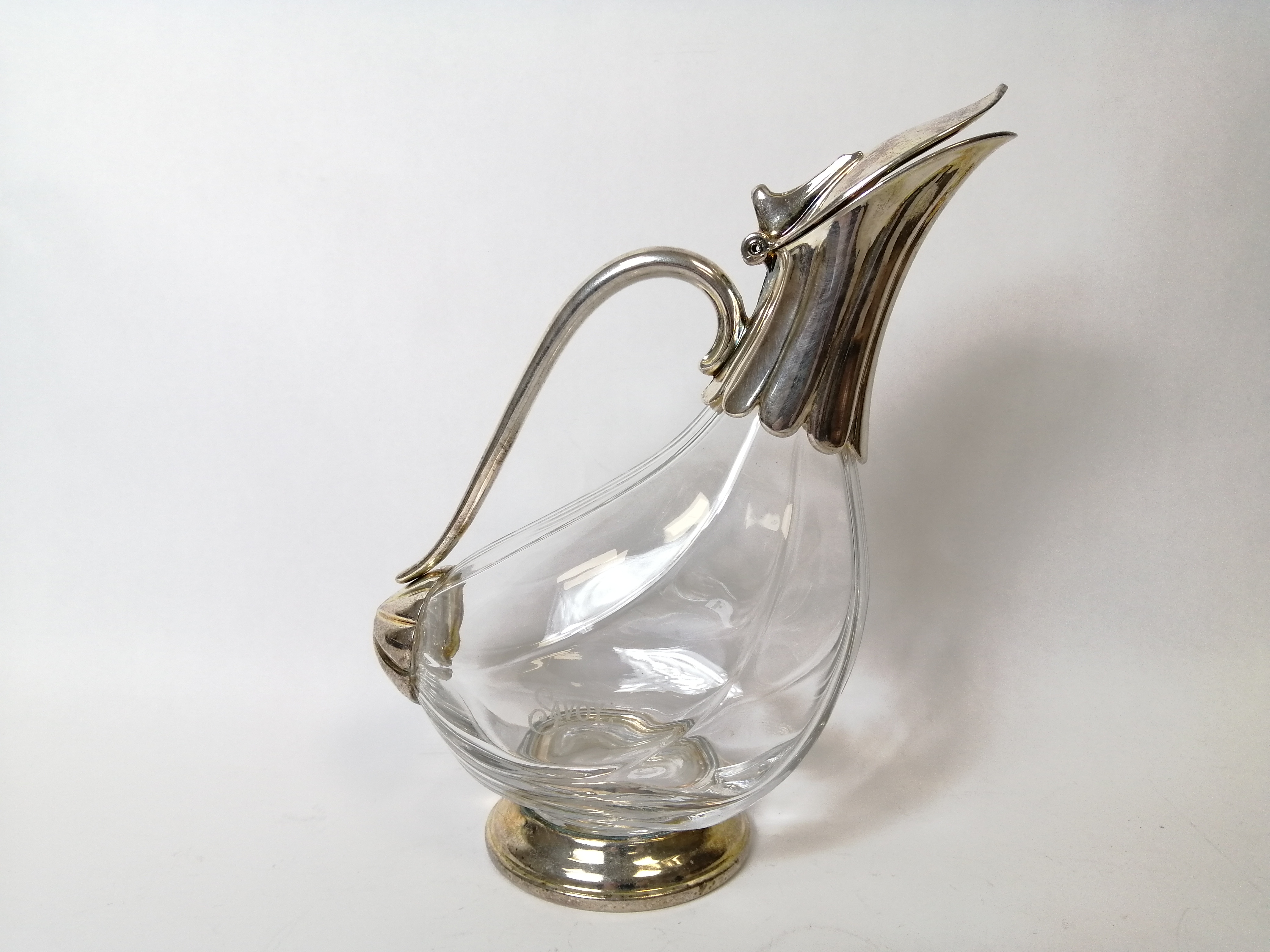 Glass claret ewer of bird shape with e.p. mounts, inscribed 'Savoy'. - Image 2 of 3