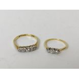 Diamond five stone ring and another three stone ring, '18ct and 18ct plat'. Sizes 'R' and 'K'. (2).