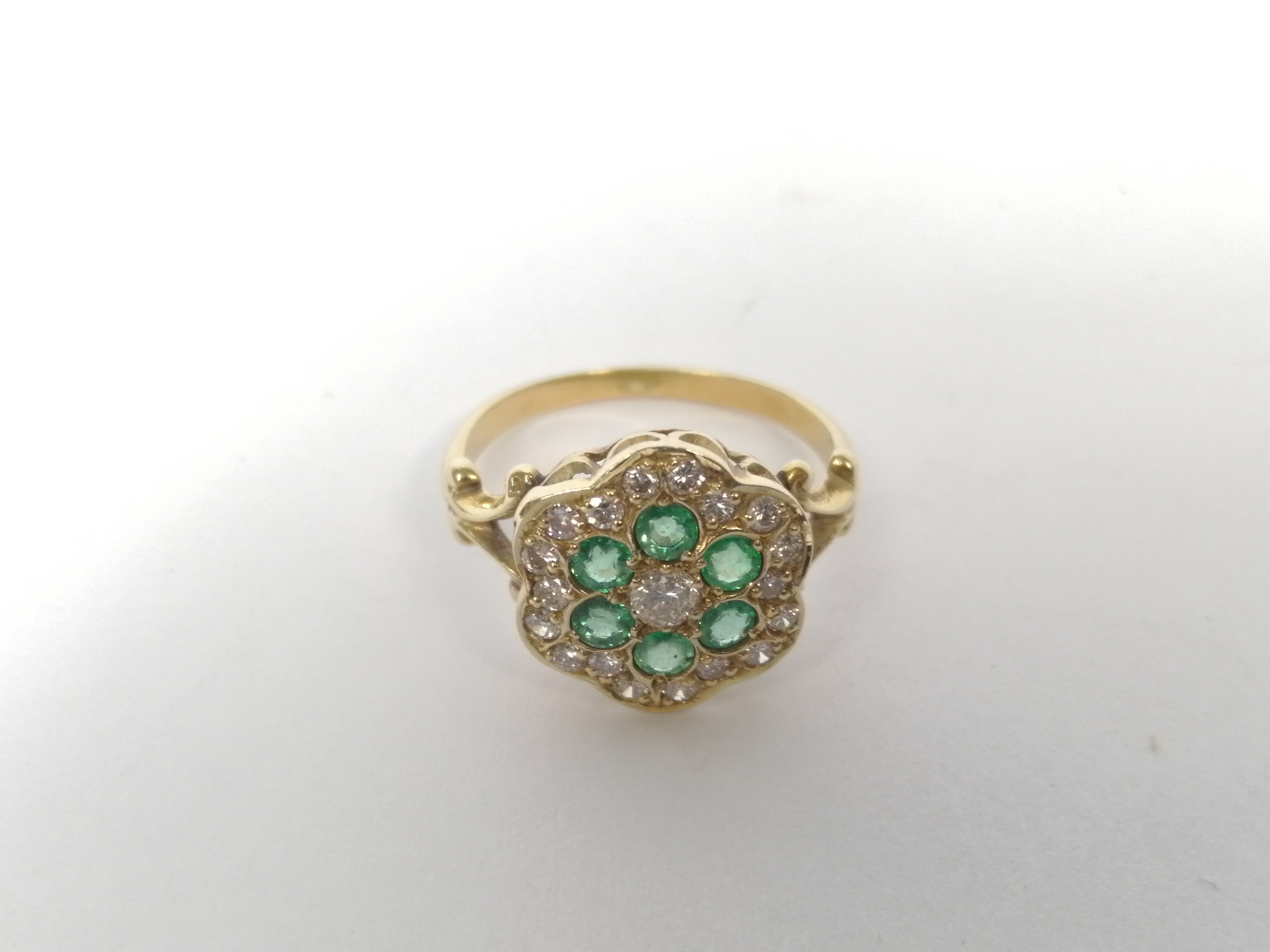 Emerald and diamond cluster ring, probably 18ct gold. Size 'M½'. - Image 5 of 9