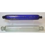 19th century blue glass rolling pin frigger with worn painted gilt maritime decoration and verse,