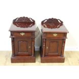 Pair of reproduction bedside cabinets, each with frieze drawer with cupboard below on plinth base.