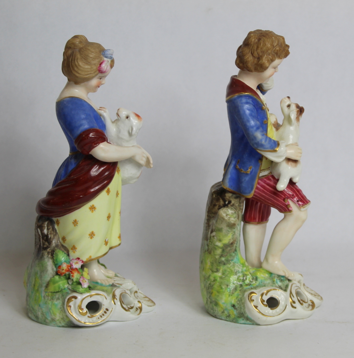 Pair of Stevenson & Hancock Derby porcelain figures of a shepherd and shepherdess, the boy with - Image 4 of 6