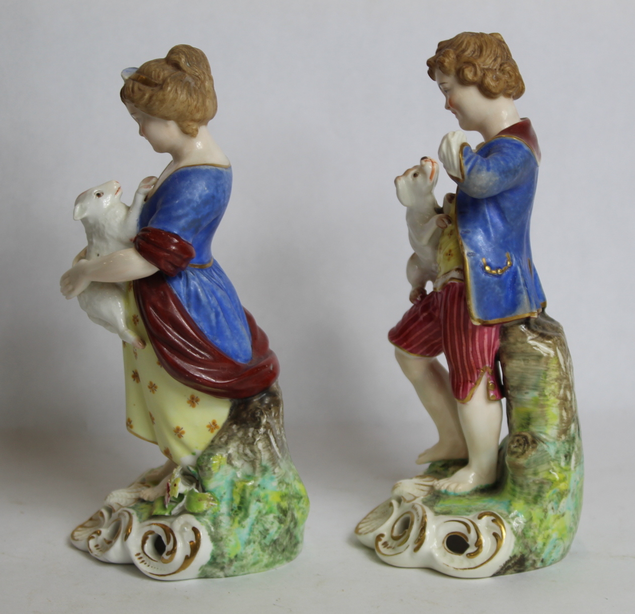 Pair of Stevenson & Hancock Derby porcelain figures of a shepherd and shepherdess, the boy with - Image 3 of 6
