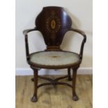 Inlaid mahogany open armchair the oval back inlaid with patera and swags, on pad feet with