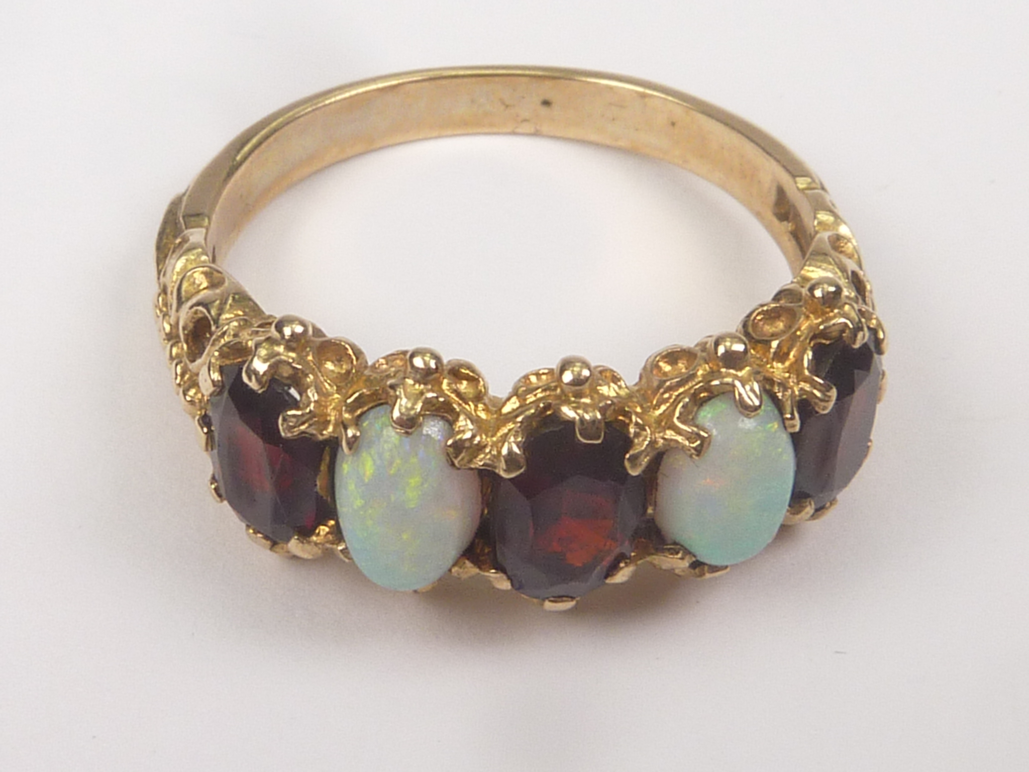 Garnet and opal five stone ring in 9ct gold, 1973. Size 'O½'. - Image 3 of 4