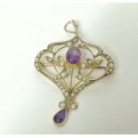 Edwardian gold pendant of Art Nouveau style with amethyst and pearls, '9ct'.