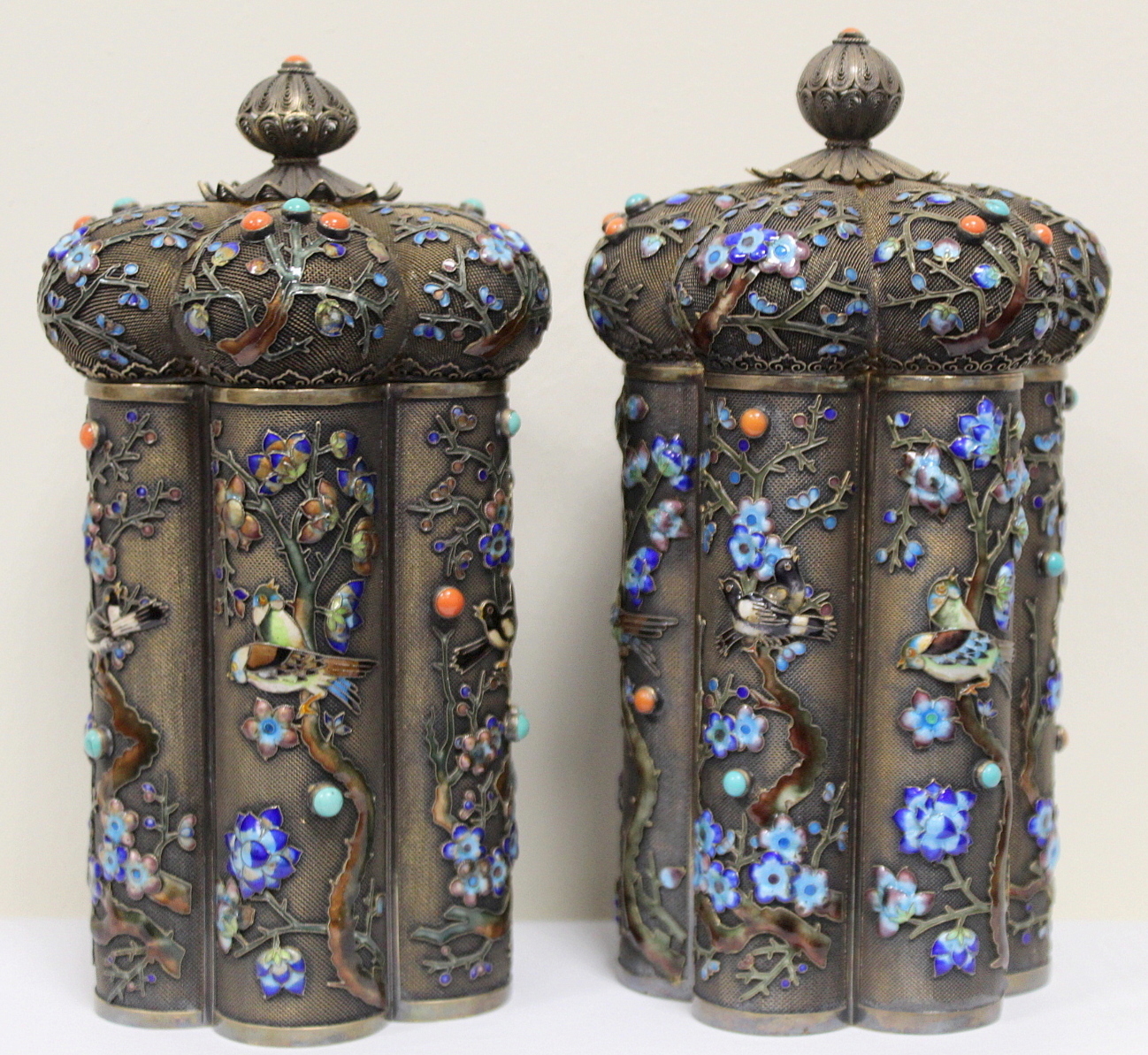 Good pair of early 20th century Chinese silver gilt and polychrome enamel tea caddies of hexafoil - Image 2 of 15