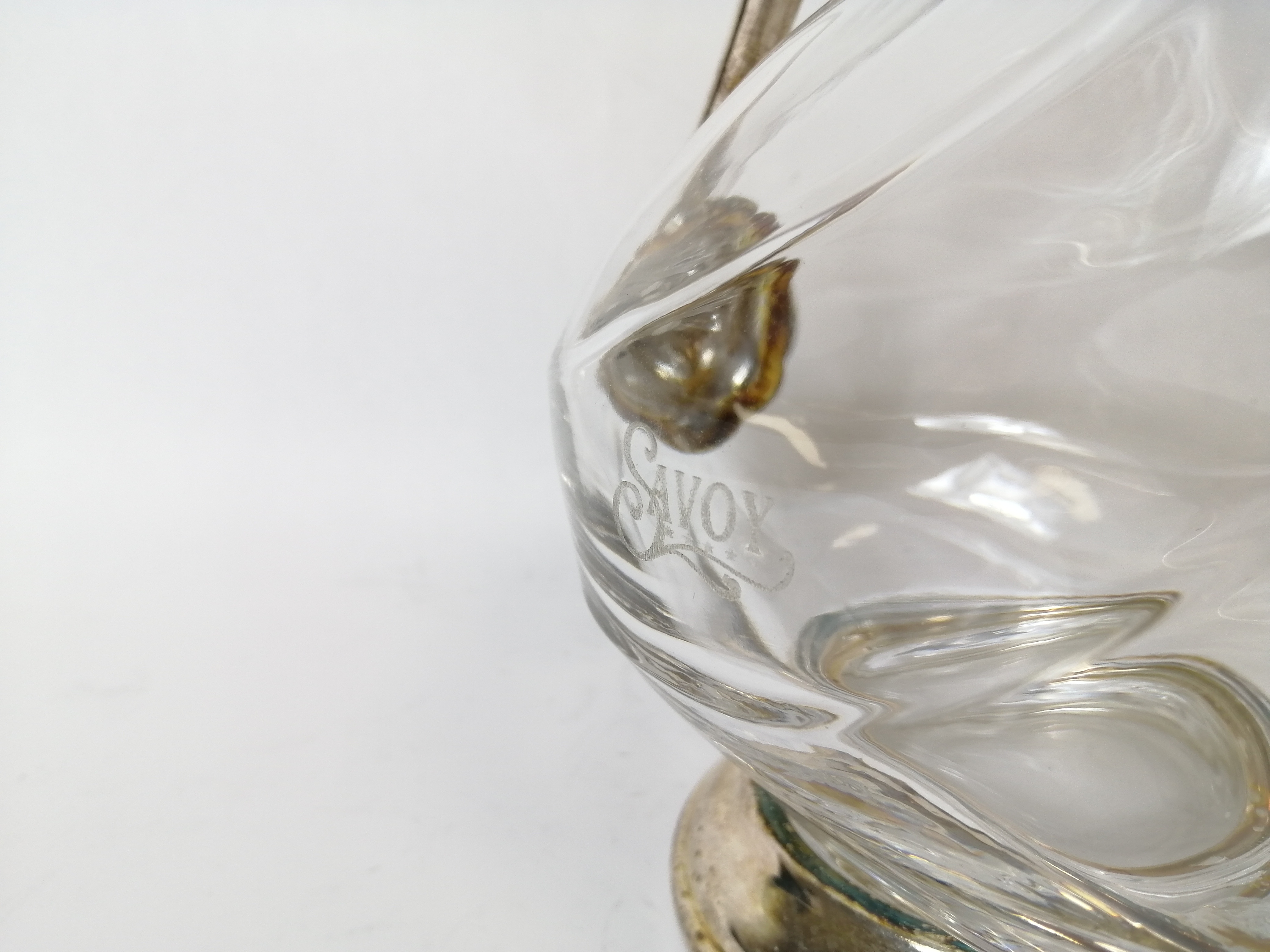 Glass claret ewer of bird shape with e.p. mounts, inscribed 'Savoy'. - Image 3 of 3
