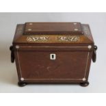 Early 19th century rosewood tea caddy of twin handled sarcophagus form, with Mother of Pearl foliate