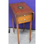 Edwardian mahogany drop leaf two drawer table, the top decorated with female bust, the drawers