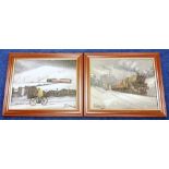 JAMES DOWNIE (b. 1949 NORTHERN SCHOOL)Snow Scenes with trains - two.Oil on board.Each 24.5cm x 27cm.