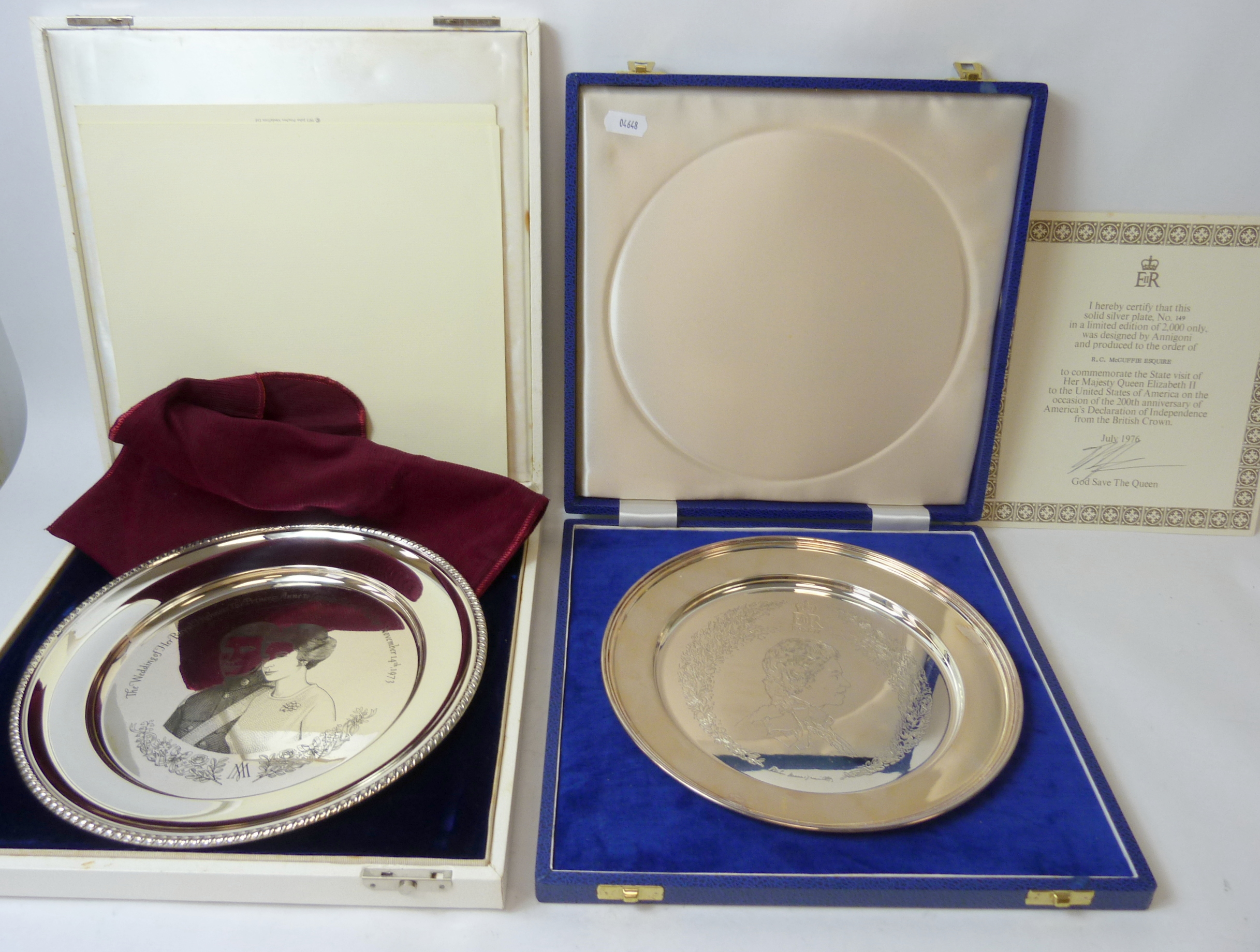 Seven silver Royal Commemorative ltd. ed. dishes, some after Annigoni, cased with certificates.