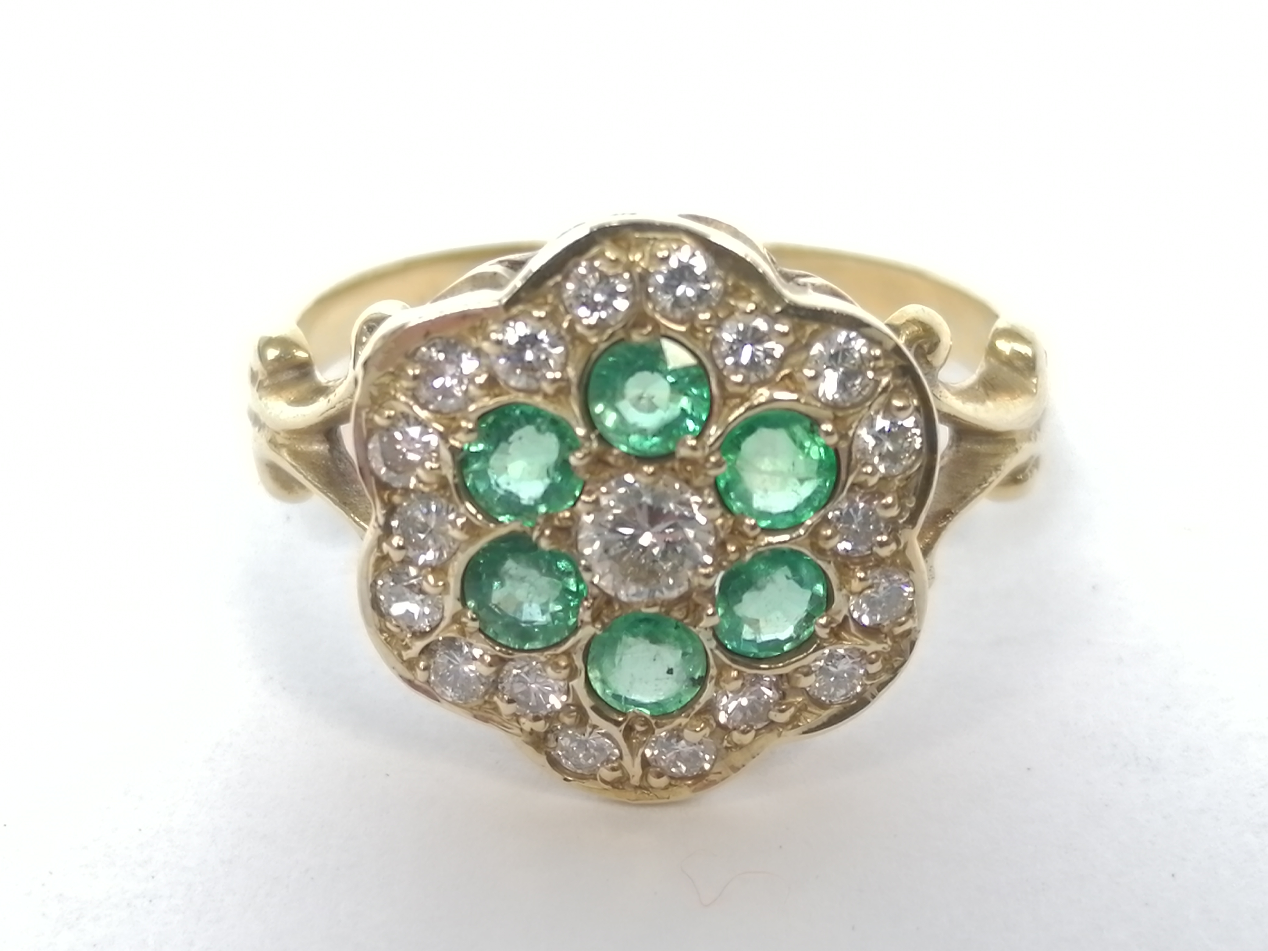 Emerald and diamond cluster ring, probably 18ct gold. Size 'M½'. - Image 7 of 9