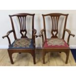 19th century oak carver chair with pierced splat and slip in seat on reeded square supports; and
