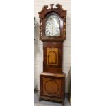 Eight day long case clock by Purdy,  Brampton, re painted 14" arch dial, in oak case with a