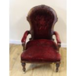 Victorian carved lady's chair, button back raised on turned supports