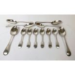 Set of six silver fiddle pattern teaspoons and six dessert spoons, all Sheffield 1898. 14oz. (12).