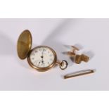 Pair of 9ct gold cuff links '9ct', 3.5g, a rolled gold Waltham watch and a similar pin. (3).