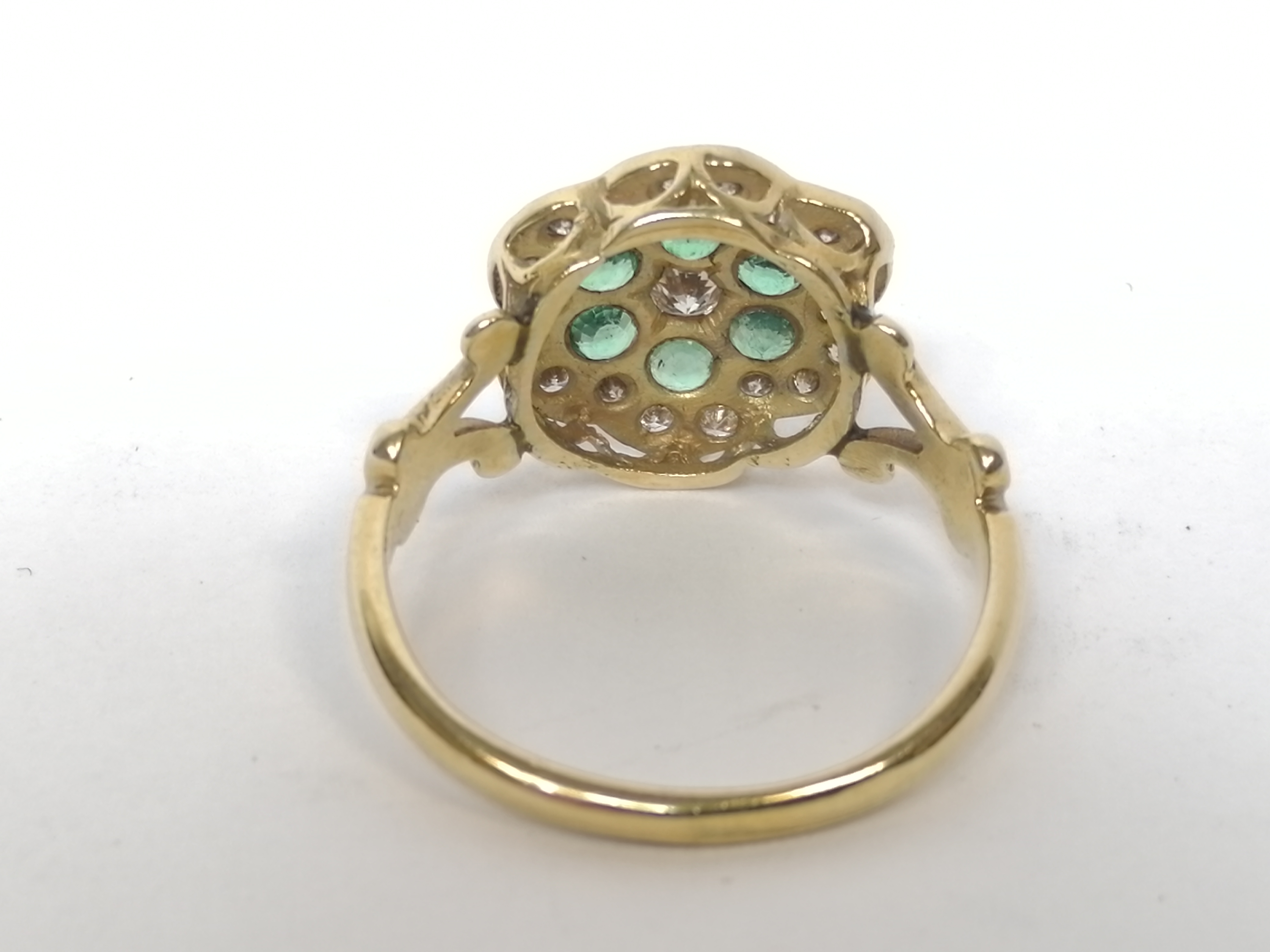 Emerald and diamond cluster ring, probably 18ct gold. Size 'M½'. - Image 8 of 9