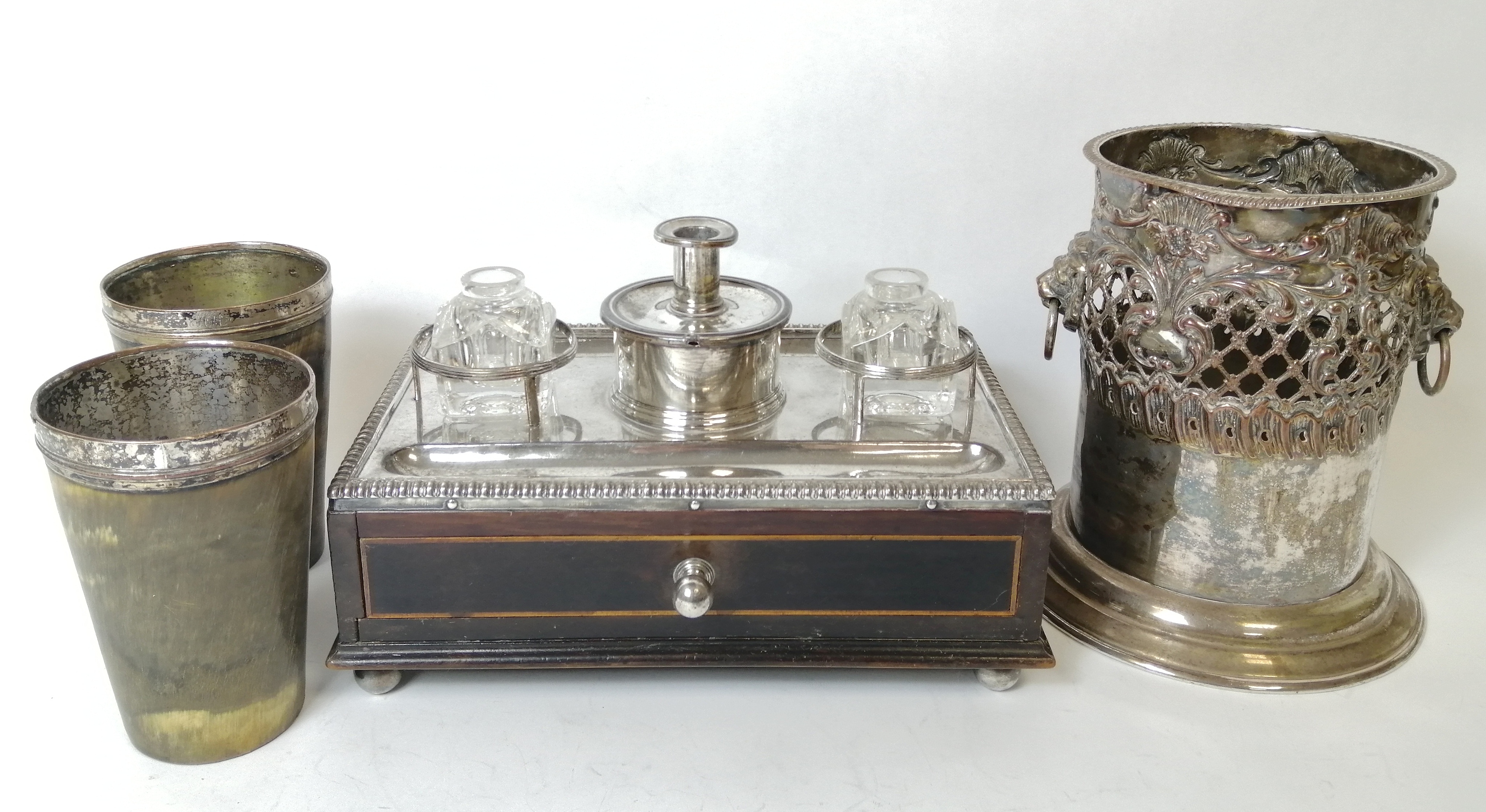 Georgian mahogany box inkstand, with inlaid stringing and Sheffield plated mounts, a pair of similar