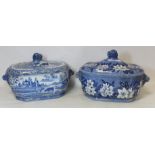 Two early 19th century blue and white transfer decorated large covered twin handled tureens, one