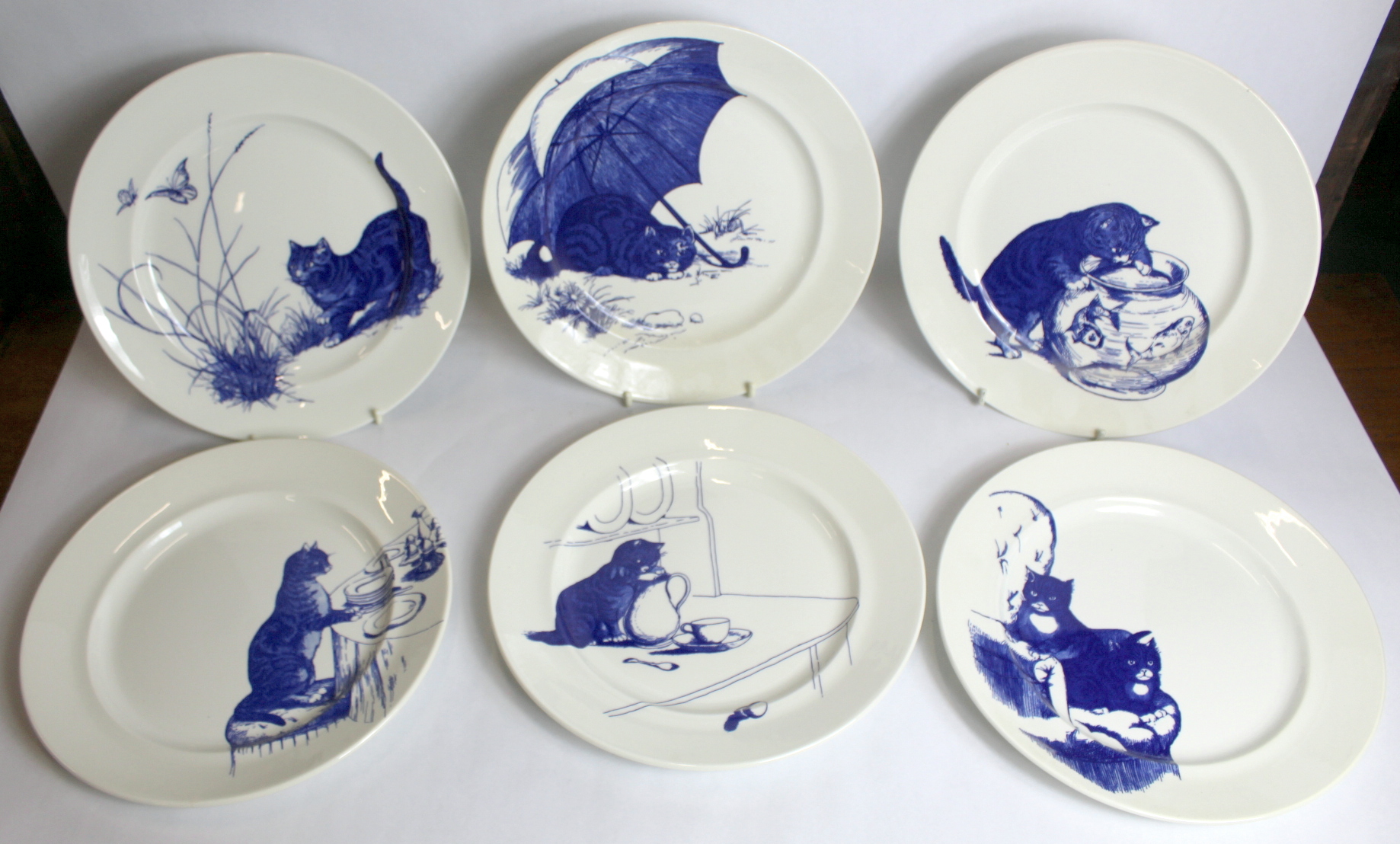 Six National Trust Poole Pottery blue and white plates, replicas of the Cat Plates in the servants - Image 2 of 2