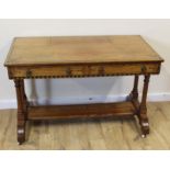 Victorian oak inlaid rectangular topped table on twin turned end supports united by undertier,.