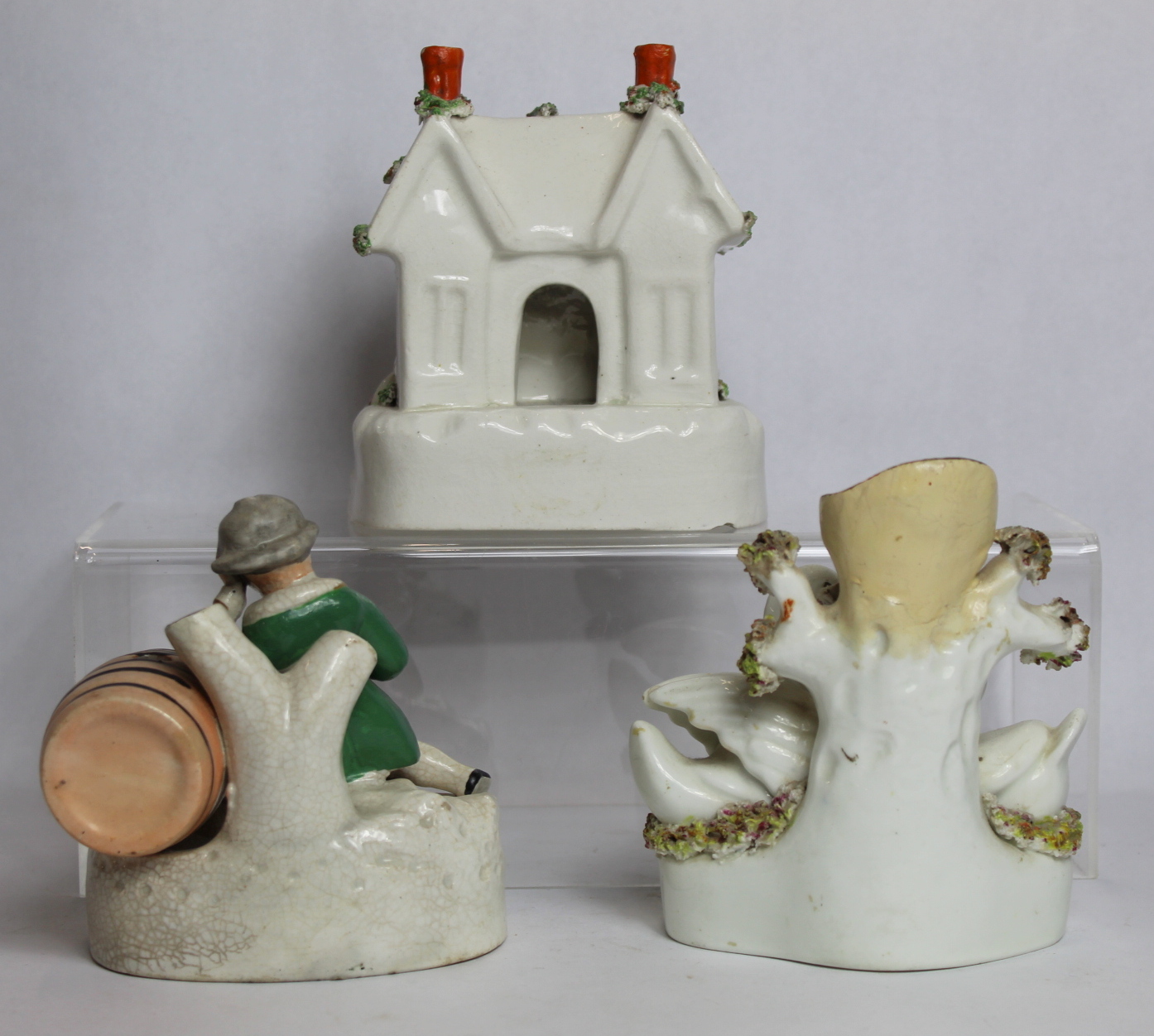 19th century Staffordshire pottery inkwell in the form of a man asleep beside a beer barrel, 11cm - Image 2 of 3