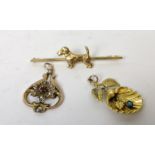 Victorian gold pendant with turquoise, another garnet and pearl and a pin with figure of a