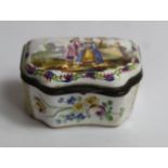 Antique French faience trinket box of rectangular form with serpentine front, the hinged cover