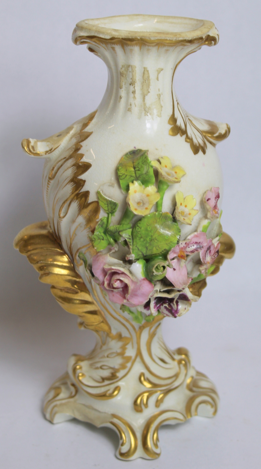 Early 19th century Derby porcelain vase with floral encrustation and moulded gilt foliate scrolling, - Image 4 of 11