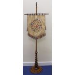Victorian pole screen with later silk embroidered fringed banner, worked by Jane Purdy, 1957, on