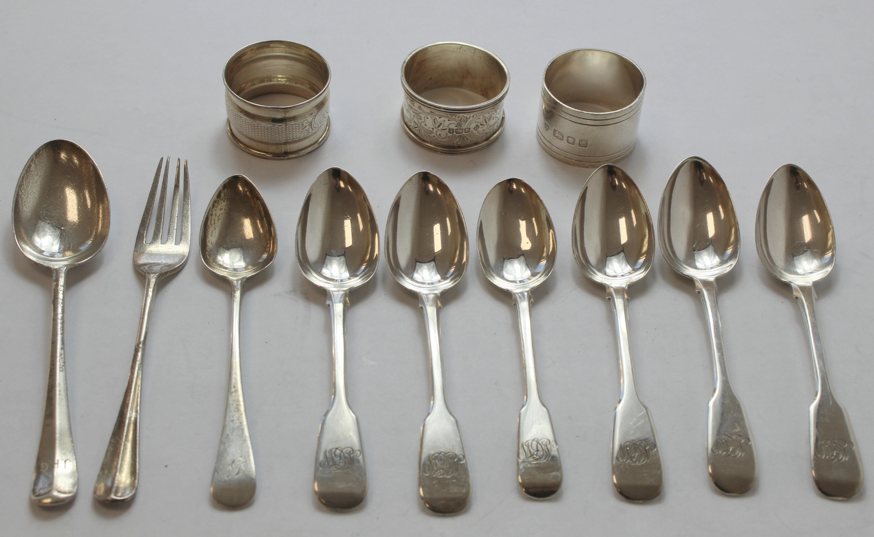 Silver tea spoon by John Ewen, Aberdeen c.1790, another six, fiddle pattern 1816 and 1821, a dessert