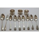 Silver tea spoon by John Ewen, Aberdeen c.1790, another six, fiddle pattern 1816 and 1821, a dessert