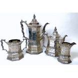 Good Victorian silver four-piece tea and coffee set of waved octagonal shape with engraved birds,
