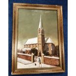 WILLIAM G. BELL (1928-2006 CUMBRIAN)"St. James In The Snow" (Barrow Church).Oil on board.40cm x