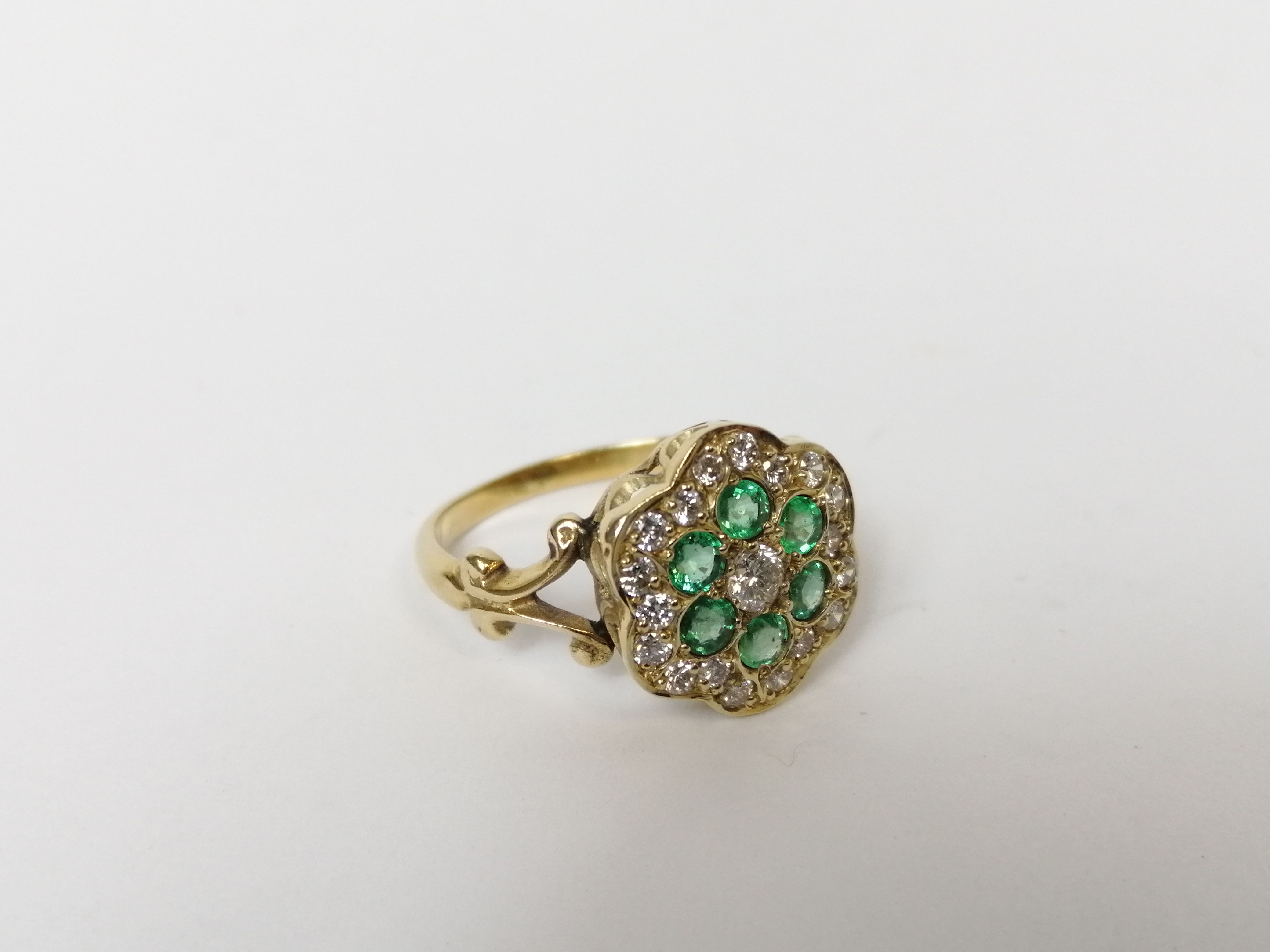 Emerald and diamond cluster ring, probably 18ct gold. Size 'M½'. - Image 3 of 9